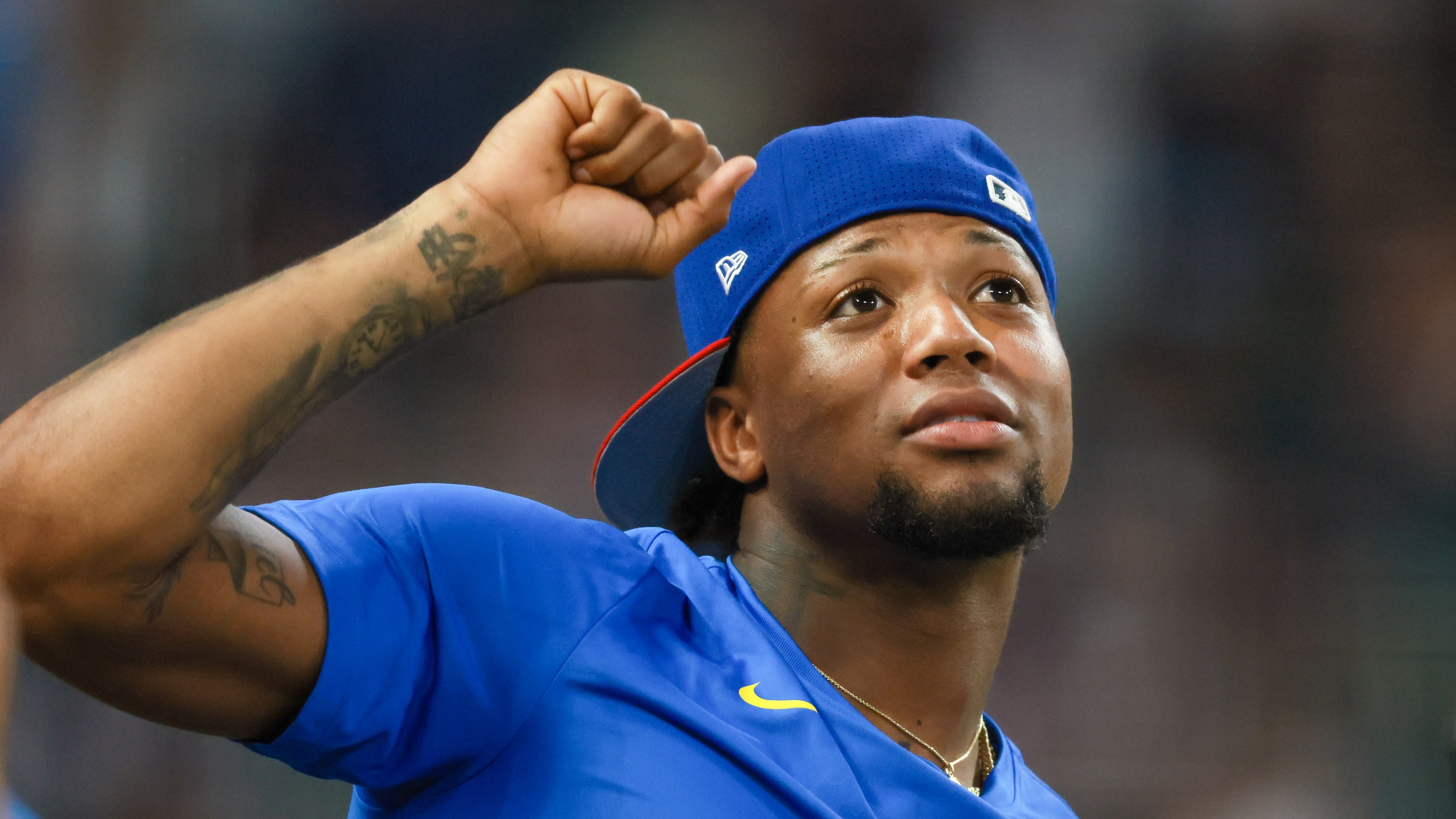 Atlanta Braves' Ronald Acuna Jr. cheers on teammate Matt Olson during the MLB Home Run Derby as part of the All-Star Game festivities on Monday, July 14, 2025, at Truist Park in Atlanta.  (Jason Getz/AJC)