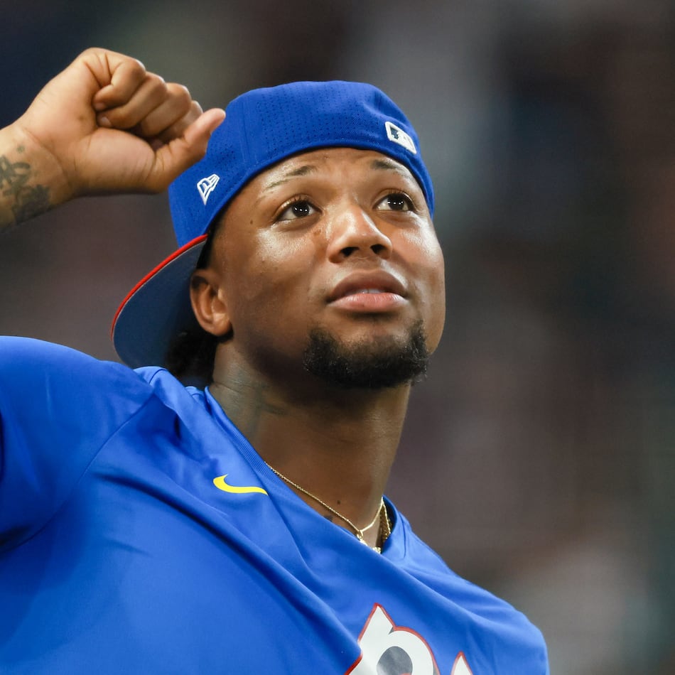 Atlanta Braves' Ronald Acuna Jr. cheers on teammate Matt Olson during the MLB Home Run Derby as part of the All-Star Game festivities on Monday, July 14, 2025, at Truist Park in Atlanta.  (Jason Getz/AJC)
