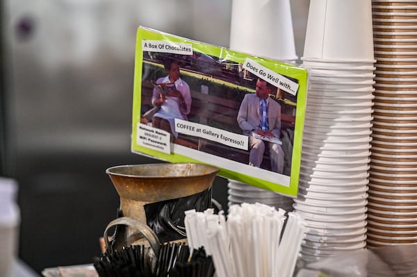 A Gallery Espresso tip jar leans into "Forrest Gump." (Sarah Peacock for the AJC)
