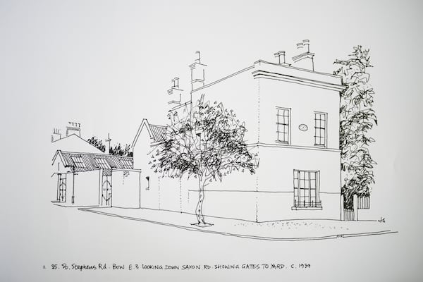 A drawing featuring St. Stephens Road, created by John Goldsmith, in Bow, in London, Thursday, April 24, 2025. (AP Photo/Kin Cheung)