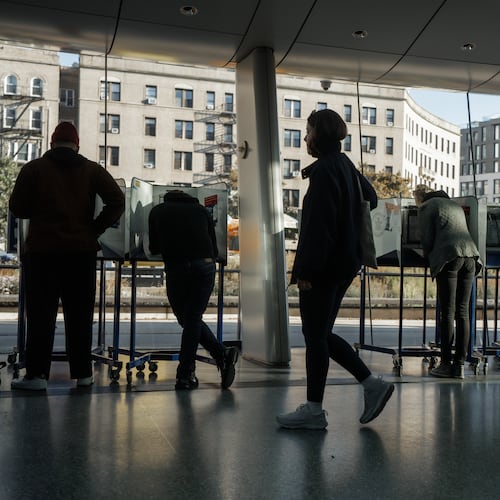 People cast their ballots during early voting on Saturday, Oct. 25, 2025, in New York. (AP Photo/Olga Fedorova)