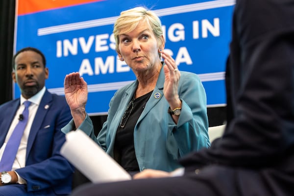 (L-R) Atlanta Mayor Andre Dickens and U.S. Energy Secretary Jennifer Granholm speak to Atlanta Journal-Constitution reporter Greg Bluestein at a Georgia Tech town hall on Wednesday, June 28, 2023 about electric vehicles, green energy initiatives and other Biden administration efforts to improve infrastructure and fight climate change. The town hall was hosted by the AJC and Georgia Tech. (Arvin Temkar/The Atlanta Journal-Constitution)