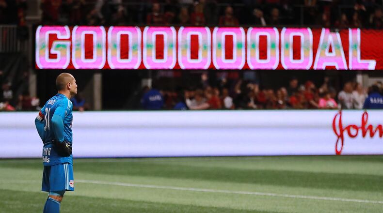 Nov 25, 2018 Atlanta: New York Red Bulls goalkeeper Luis Robies stands dejected after giving up the third goal of the night falling 3-0 to Atlanta United during their Eastern Conference finals MLS soccer game on Sunday, Nov. 25, 2018, in Atlanta. Curtis Compton/ccompton@ajc.com