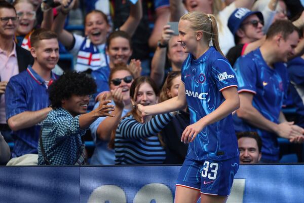 Chelsea's Aggie Beever-Jones celebrates scoring during the Women's Super League soccer match between Chelsea and Liverpool at Stamford Bridge, London, Saturday May 10, 2025. (Rhianna Chadwick/PA via AP)