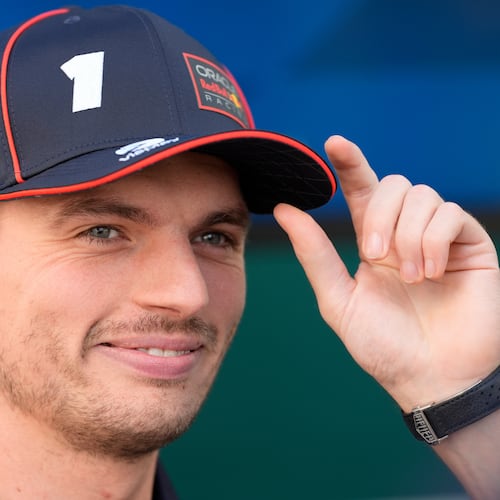 Red Bull driver Max Verstappen of the Netherlands smiles during an interview at the Hermanos Rodriguez race track ahead the Formula One Mexico Grand Prix auto race in Mexico City, Thursday, Oct. 23, 2025. (AP Photo/Fernando Llano)
