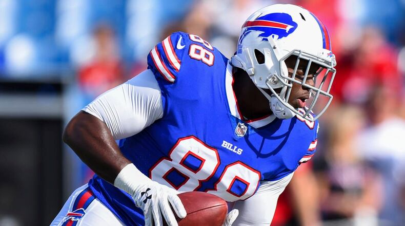 Bills tight end Khari Lee (88) warms up before a game against the Tampa Bay Bucs on Oct. 22, 2017. (Associated Press/Photo by Rich Barnes)