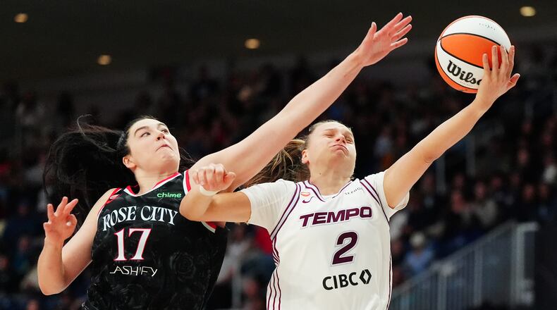 Portland Fire's Megan Gustafson (17) fouls Toronto Tempo's Laura Juskaite (2) during second-half WNBA basketball game action in Toronto, Saturday May 23, 2026. (Frank Gunn/The Canadian Press via AP)