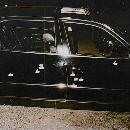 FILE - This undated photo provided by the Las Vegas Metropolitan Police Department shows the bullet-riddled car in which rapper Tupac Shakur was fatally shot in September 1996, in Las Vegas. (Las Vegas Metropolitan Police Department via AP, File)