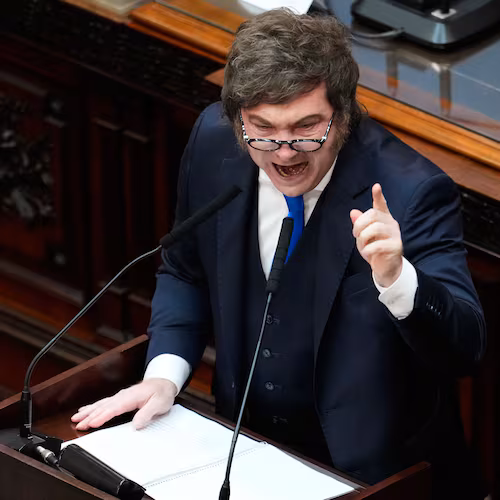 Argentina's President Javier Milei delivers the annual State of the Nation address at Congress in Buenos Aires, Argentina, Sunday, March 1, 2026. (AP Photo/Gustavo Garello)
