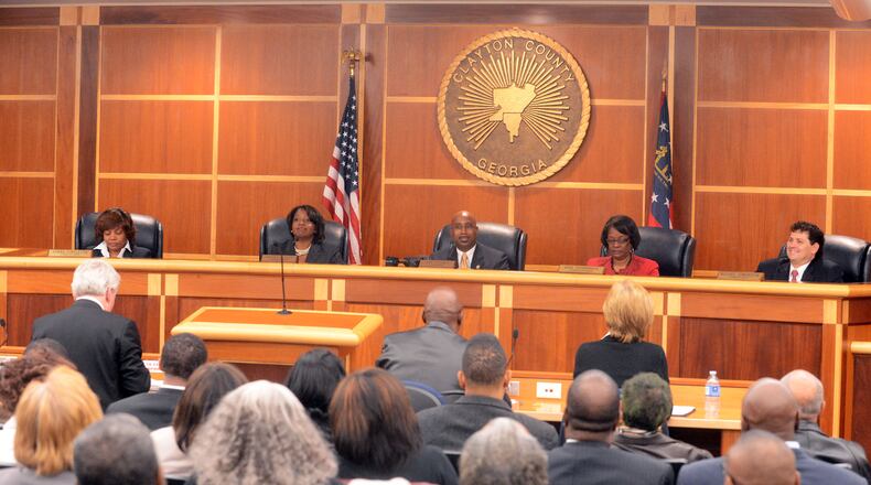 The Clayton County Commission meets Wednesday January 2 2013. Commissioners (from left) Sonna Singleton, Shana M Rooks, Chairman Jeff Turner, Gail Hambrick and Michael Edmondson start work.