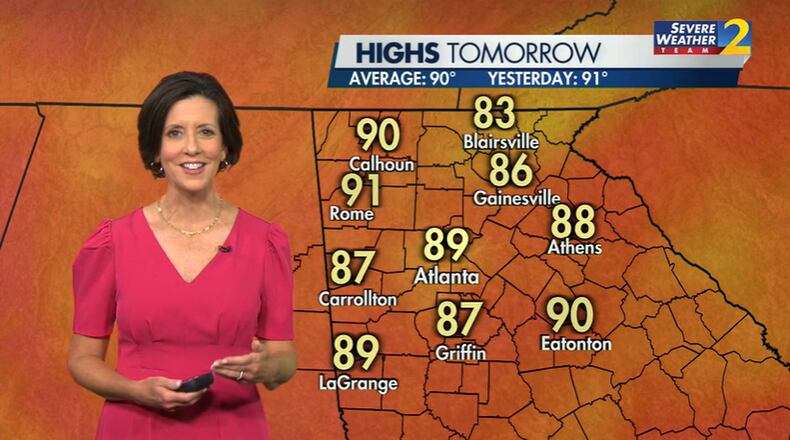 Temperatures in Atlanta will rise to a high of 89 degrees Sunday, said Channel 2 Action News meteorologist Jennifer Lopez.
