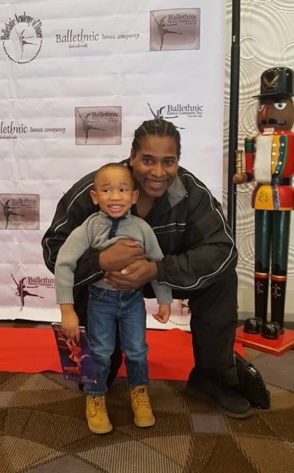 Tyler Gaines, 4, with Waverly T. Lucas II, choreographer of Ballethnic Dance Company's "Urban Nutcracker." Now 11, Tyler wanted to attend every performance in 2023, the year Ballethnic dedicated its full “Urban Nutcracker” run to his late grandmother. (Courtesy of Chayla Harris Gaines)