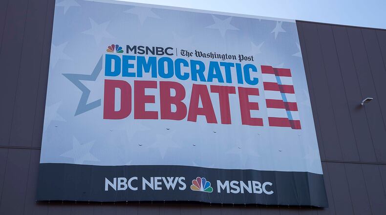 A banner is displayed outside of the Oprah Winfrey Stage for the MSNBC/The Washington Post Democratic Presidential debate at Tyler Perry Studios in Atlanta, Tuesday, November 19, 2019.  (Alyssa Pointer/Atlanta Journal Constitution)