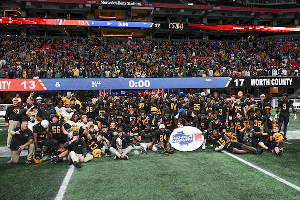 The Worth County Rams beat the Toombs County Bulldogs 17-13 to win their Class A Division I state championship game Tuesday, Dec. 16, 2025 at the Mercedes-Benz Stadium. (Daniel Varnado for the AJC)