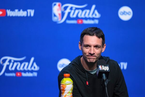 Oklahoma City Thunder head coach Mark Daigneault speaks during a press conference before Game 1 of the NBA Finals basketball series against the Indiana Pacers Thursday, June 5, 2025, in Oklahoma City. (AP Photo/Nate Billings)