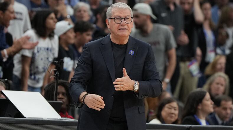 FILE - UConn head coach Geno Auriemma against South Carolina during the first half of a woman's NCAA college basketball tournament semifinal game at the Final Four, April 3, 2026, in Phoenix. (AP Photo/Rick Scuteri, file)