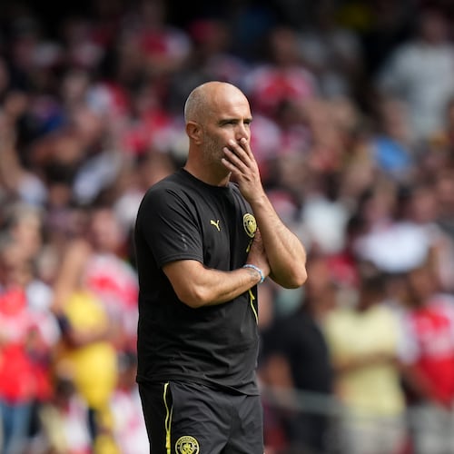 Manchester City's head coach Enzo Maresca reacts during the FA Community Shield final soccer match between Arsenal and Manchester City in Cardiff, Wales, Sunday, Aug.16, 2026. (AP Photo/Alastair Grant)