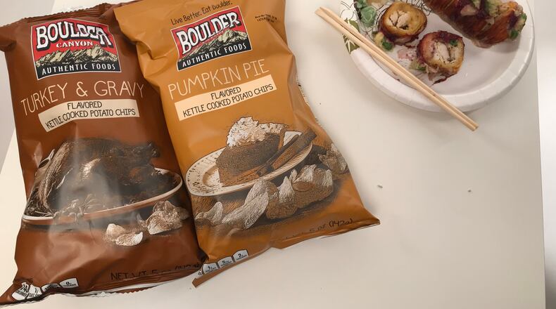 Boulder Canyon 'Thanksgiving flavored' potato chips and the Gobble-Gobble-ooshi roll from Cowfish Sushi Burger Bar / Photo by Erica Hernandez