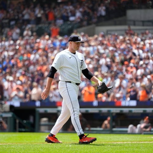 Detroit Tigers pitcher Tarik Skubal walks to the dugout during the seventh inning of a baseball game against the Baltimore Orioles Wednesday, July 29, 2026, in Detroit. (AP Photo/Paul Sancya)