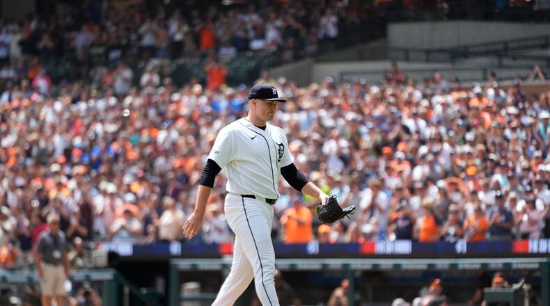Detroit Tigers pitcher Tarik Skubal walks to the dugout during the seventh inning of a baseball game against the Baltimore Orioles Wednesday, July 29, 2026, in Detroit. (AP Photo/Paul Sancya)