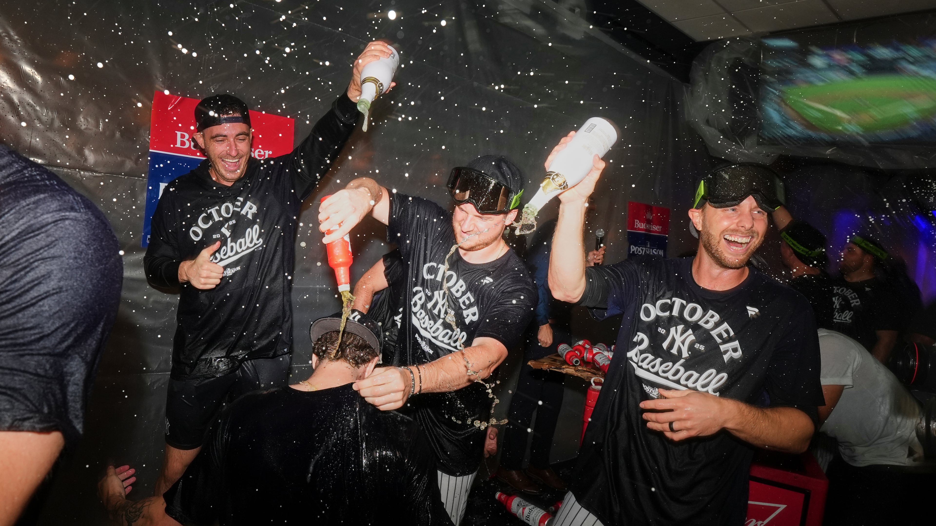 The New York Yankees celebrate after they clinched playoff berth a baseball game against the Chicago White Sox Tuesday, Sept. 23, 2025, in New York. (AP Photo/Frank Franklin II)