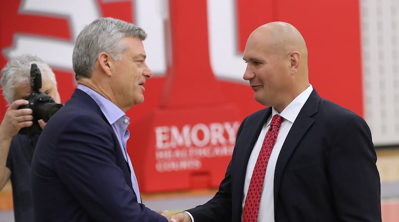 May 14, 2018 Atlanta: The Atlanta Hawks owner Tony Ressler and general manager Travis Schlenk after a press confernce introducing Lloyd Pierce as the 13th full-time coach in the Atlanta history of the NBA basketball franchise on Monday, May 14, 2018, in Atlanta.    Curtis Compton/ccompton@ajc.com