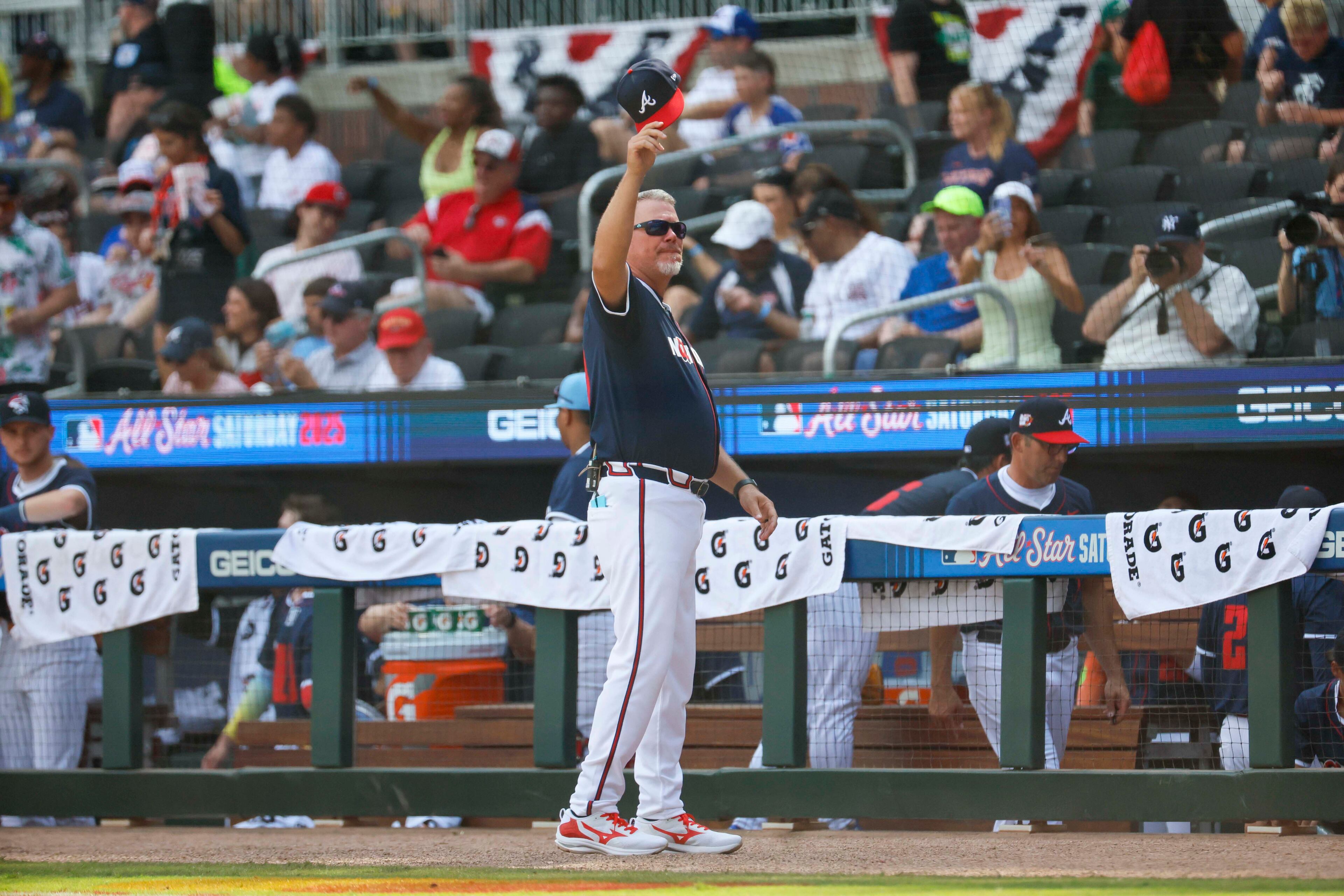 National League head coach Chipper Jones greets fans after being recognized during the MLB All-Star Futures Game at Truist Park on Saturday, July 12, 2025, in Atlanta.
(Miguel Martinez/ AJC)