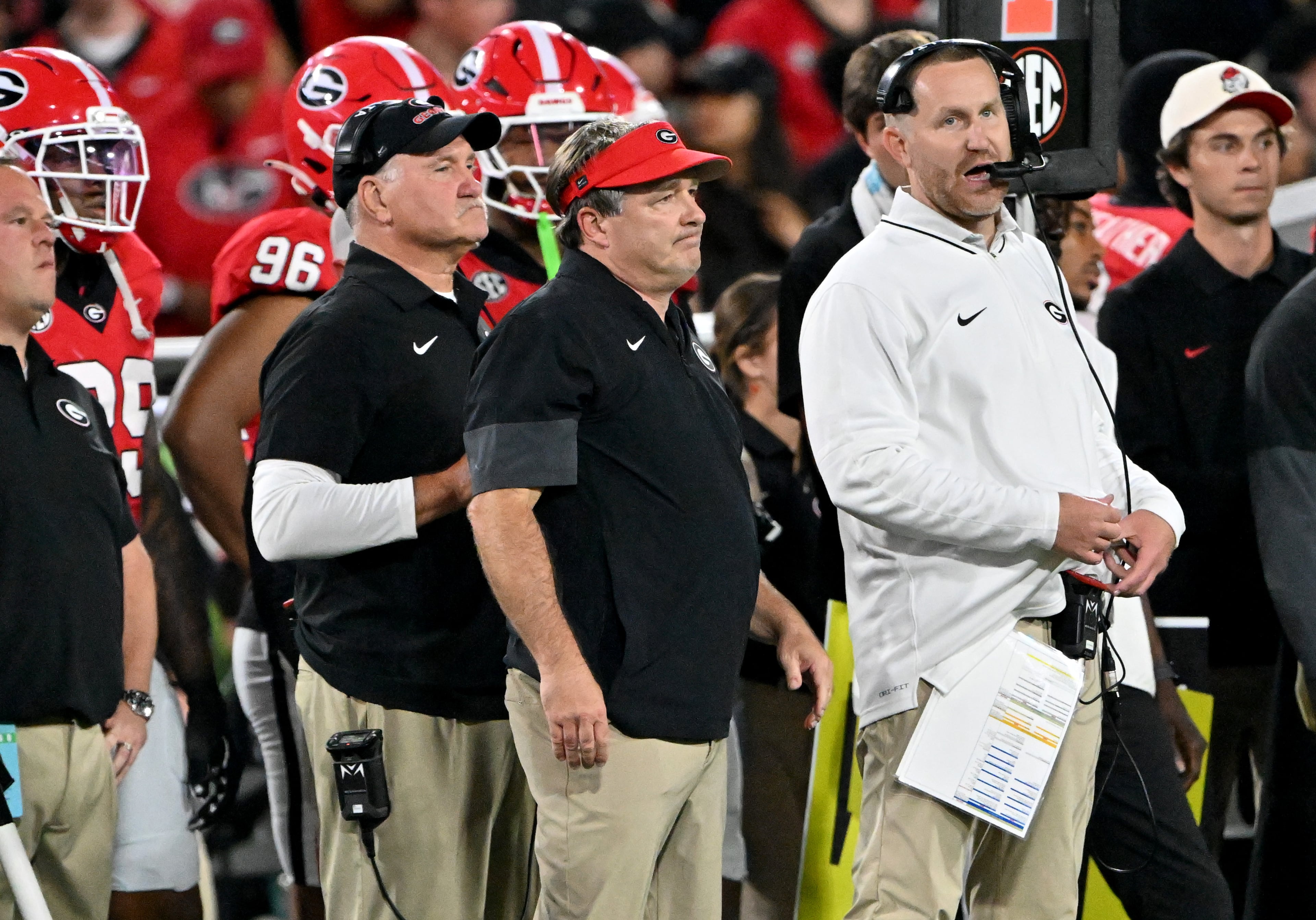 Georgia head coach Kirby Smart reacts during the second half in an NCAA football game at Sanford Stadium, Saturday, September 27, 2025, in Athens. Alabama won 24-21 over Georgia. (Hyosub Shin / AJC)