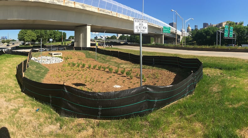 The two bioretention cells east and west of the Capitol Avenue bridge downtown will infiltrate 750,000 gallons of stormwater runoff from the highways annually.