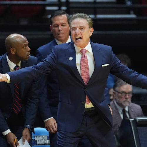 St. John's head coach Rick Pitino reacts during the second half of a game between Kansas and St. John's in the second round of the NCAA college basketball tournament Sunday, March 22, 2026, in San Diego. (AP Photo/Marcio Jose Sanchez)