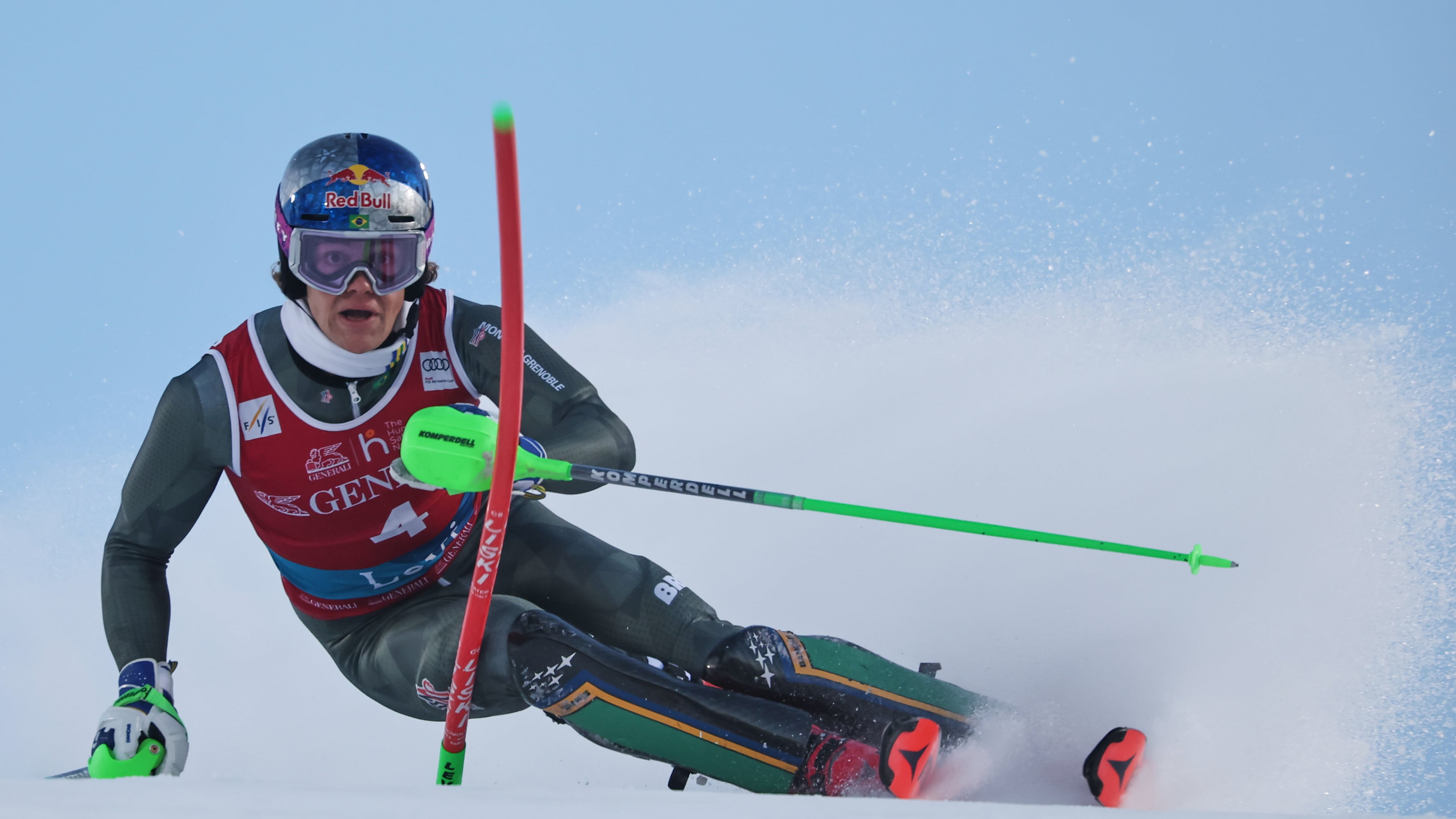 Brazil's Lucas Pinheiro Braathen speeds down the course during an alpine ski, men's World Cup slalom, in Levi, Finland, Sunday, Nov. 16, 2025. (AP Photo/Marco Trovati)