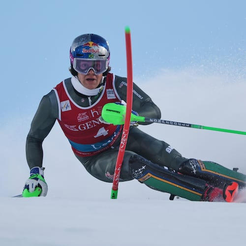 Brazil's Lucas Pinheiro Braathen speeds down the course during an alpine ski, men's World Cup slalom, in Levi, Finland, Sunday, Nov. 16, 2025. (AP Photo/Marco Trovati)