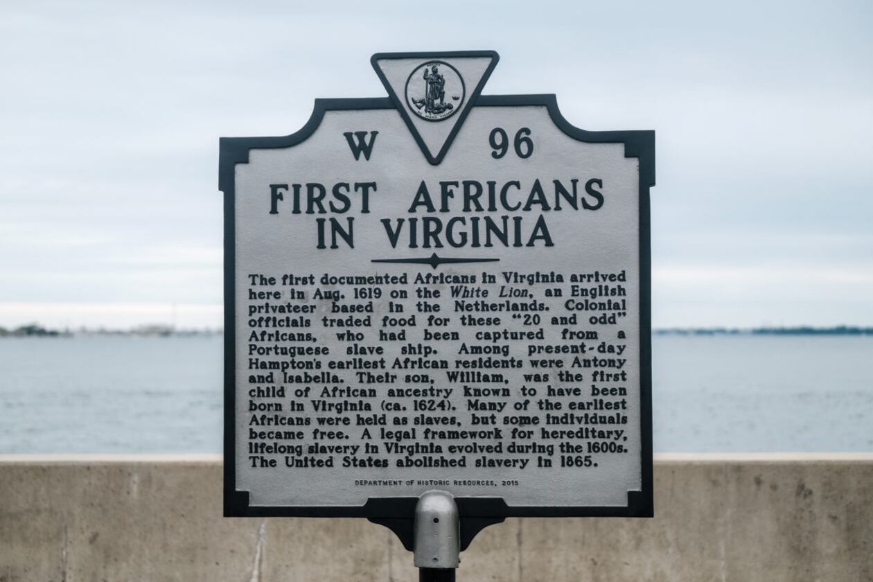 A sign commemorating the arrival of the first Africans is displayed at Chesapeake Bay, in Hampton, Virginia.
