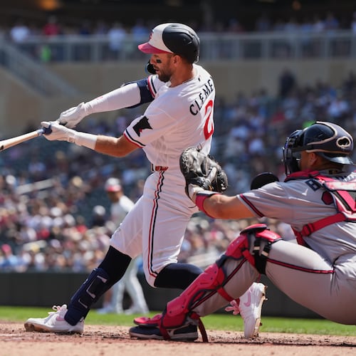 Minnesota Twins Kody Clemens hits a two-run double during the fifth inning of a baseball game against the Atlanta Braves, Wednesday, Aug. 19, 2026, in Minneapolis. (AP Photo/Abbie Parr)
