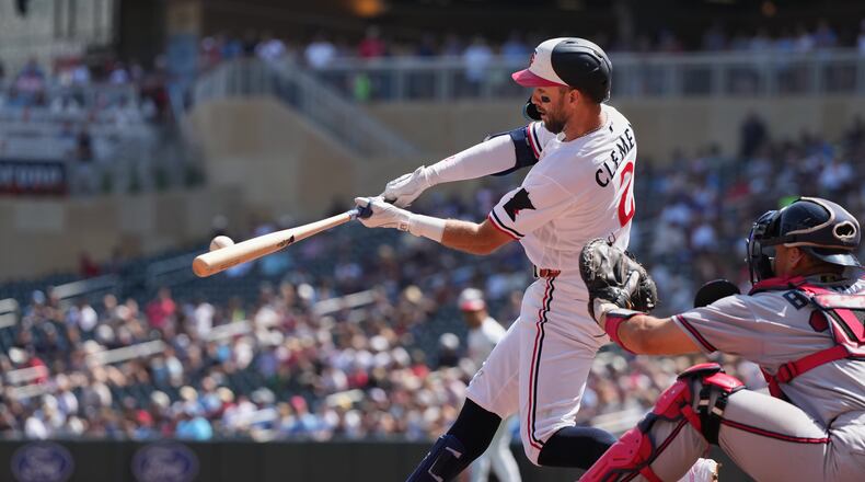 Minnesota Twins Kody Clemens hits a two-run double during the fifth inning of a baseball game against the Atlanta Braves, Wednesday, Aug. 19, 2026, in Minneapolis. (AP Photo/Abbie Parr)