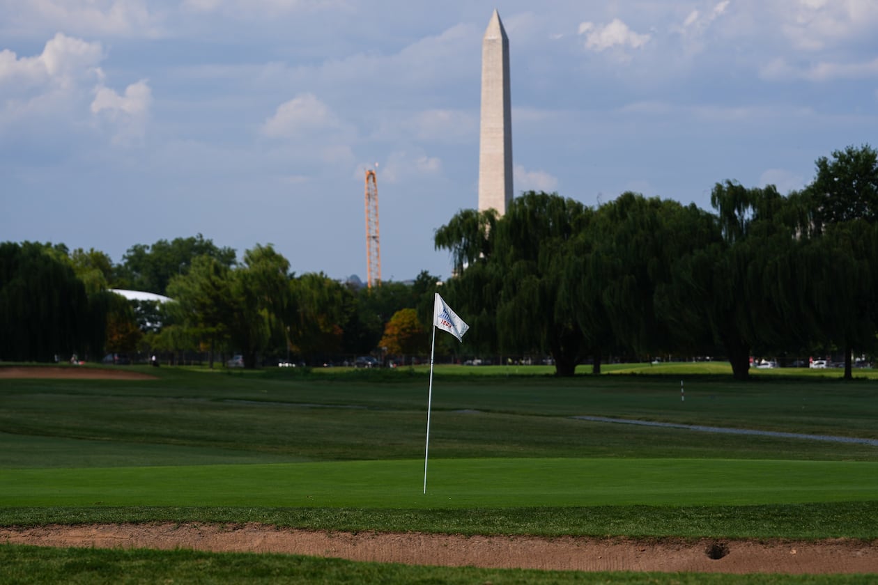 The Washington Monument is seen beyond the East Potomac Park Golf Course, Tuesday, Sept. 1, 2026, in Washington. (AP Photo/Julia Demaree Nikhinson)