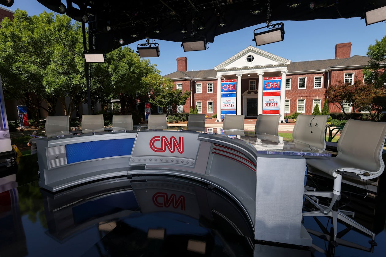 The CNN Presidential Debate "game day" stage is shown at the CNN-Techwood campus on Wednesday, June 26, 2024, in Atlanta. (Jason Getz/AJC 2024)