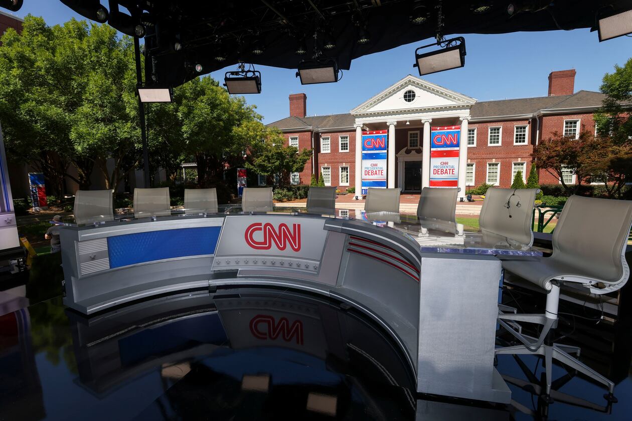 The CNN Presidential Debate "game day" stage is shown at the CNN-Techwood campus, Wednesday, June 26, 2024, in Atlanta. (Jason Getz/AJC)