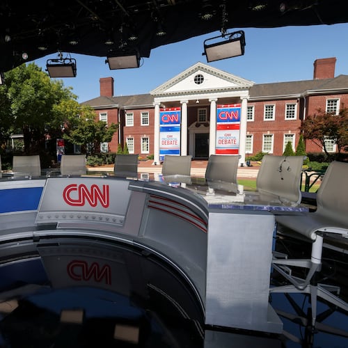 The CNN Presidential Debate "game day" stage is shown at the CNN-Techwood campus, Wednesday, June 26, 2024, in Atlanta. (Jason Getz/The Atlanta Journal-Constitution/TNS)