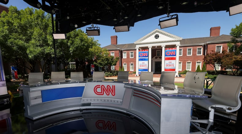 The CNN Presidential Debate "game day" stage is shown at the CNN-Techwood campus on Wednesday, June 26, 2024, in Atlanta. (Jason Getz/AJC 2024)