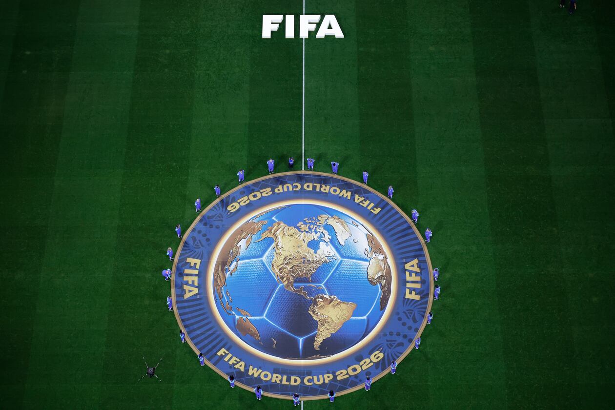 The Fifa logo is displayed on the pitch before the World Cup round of 16 soccer match in Atlanta on Tuesday, July 7, 2026. (Butch Dill/AP)