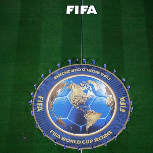 The Fifa logo is displayed on the pitch before the World Cup round of 16 soccer match in Atlanta on Tuesday, July 7, 2026. (Butch Dill/AP)