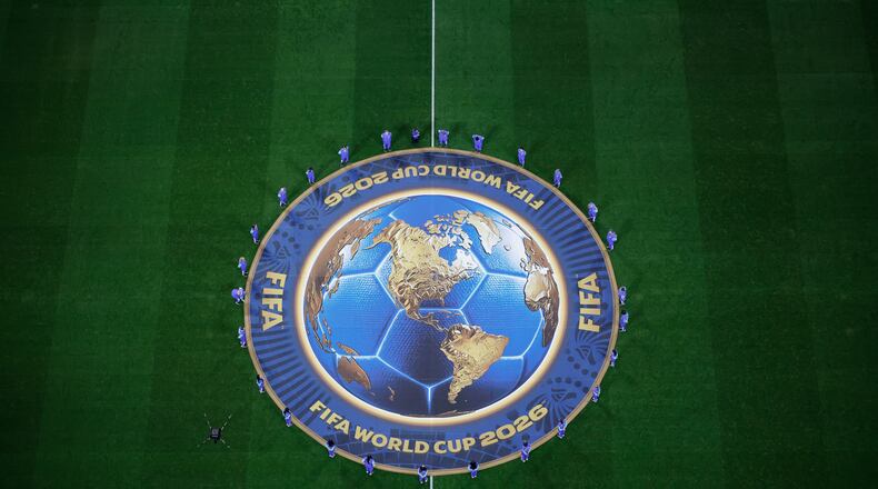 The Fifa logo is displayed on the pitch before the World Cup round of 16 soccer match in Atlanta on Tuesday, July 7, 2026. (Butch Dill/AP)