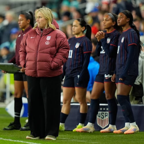 New Zealand New Zealand head coach Michael Mayne watches during the second half of a women's international friendly soccer match against New Zealand, Wednesday, Oct. 29, 2025, in Kansas City, Mo. (AP Photo/Charlie Riedel)