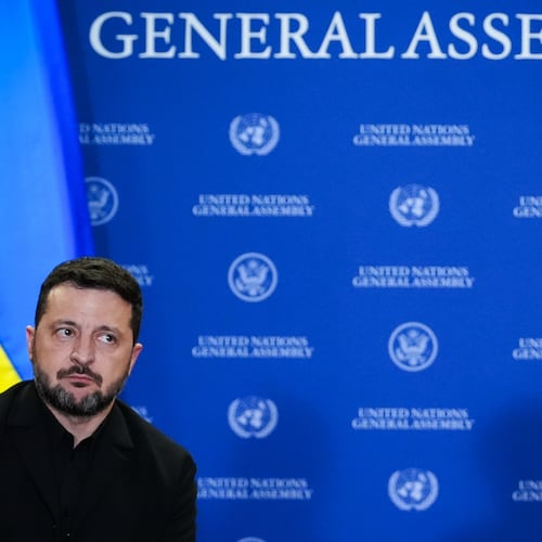 President Donald Trump meets with Ukraine's President Volodymyr Zelenskyy during the United Nations General Assembly, Tuesday, Sept. 22, 2026, at the UN headquarters. (AP Photo/Julia Demaree Nikhinson)