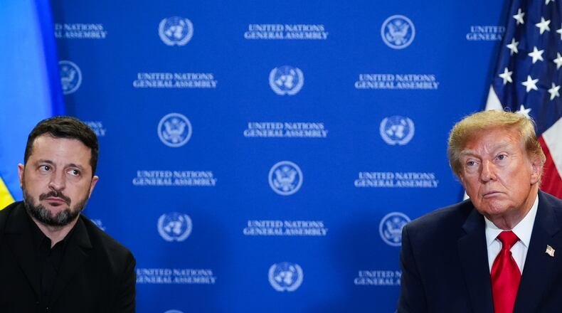 President Donald Trump meets with Ukraine's President Volodymyr Zelenskyy during the United Nations General Assembly, Tuesday, Sept. 22, 2026, at the UN headquarters. (AP Photo/Julia Demaree Nikhinson)