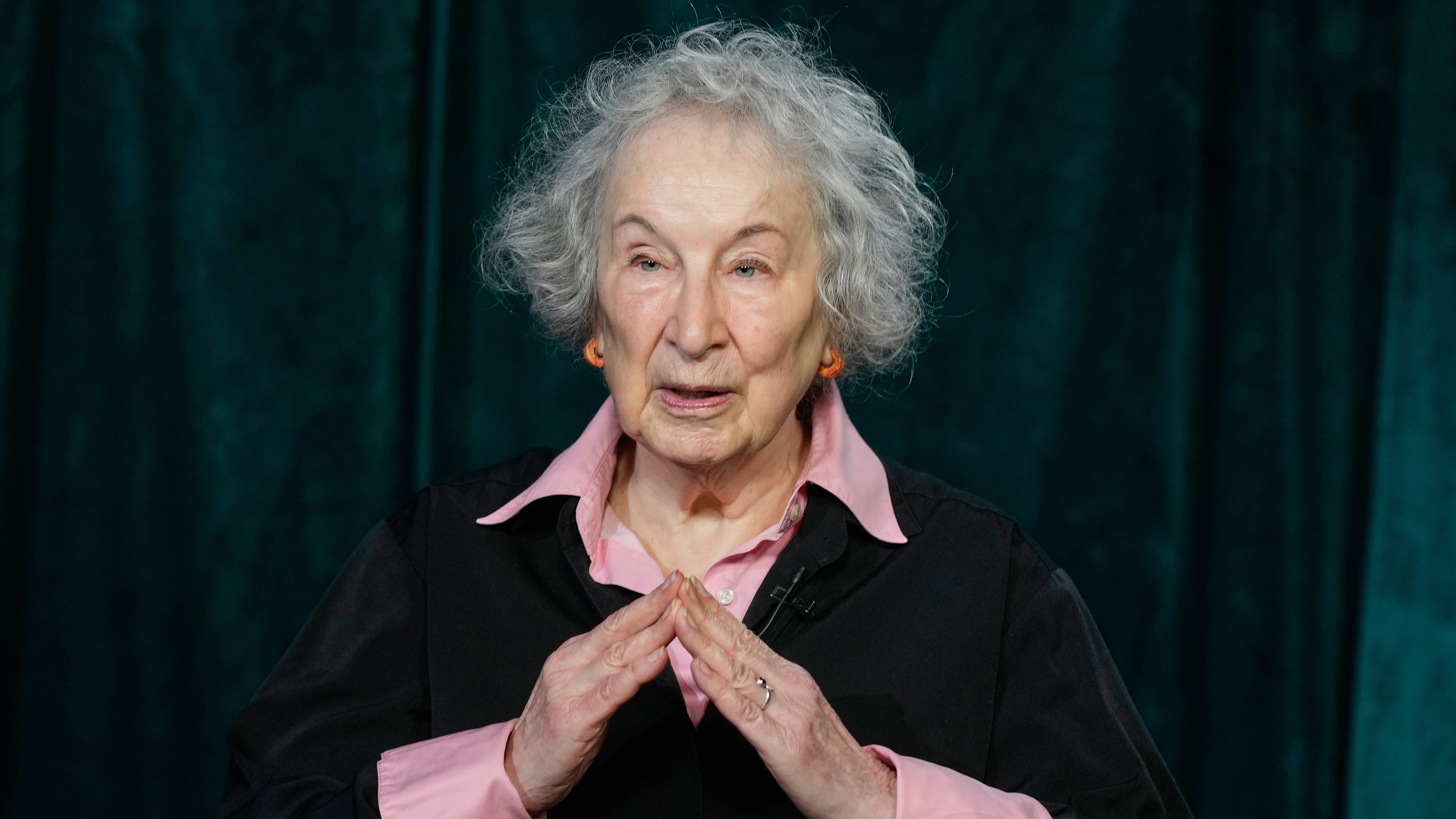 Author Margaret Atwood appears during an interview in New York on Thursday, Nov. 6, 2025. (AP Photo/Richard Drew)