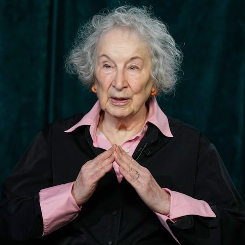 Author Margaret Atwood appears during an interview in New York on Thursday, Nov. 6, 2025. (AP Photo/Richard Drew)