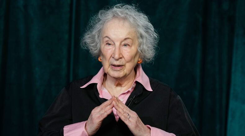 Author Margaret Atwood appears during an interview in New York on Thursday, Nov. 6, 2025. (AP Photo/Richard Drew)
