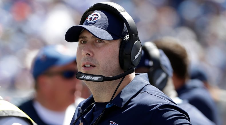 In this Sept. 11, 2016, file photo, Arthur Smith, who at the time was the Tennessee Titans' tight ends coach, watches the action from the sideline in a game between the Titans and the Minnesota Vikings in Nashville, Tenn. (AP Photo/James Kenney, File)